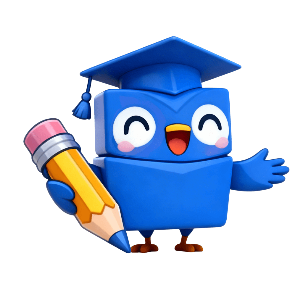 Mascote Sapieduca IA - Coruja azul 3D com capelo e lápis